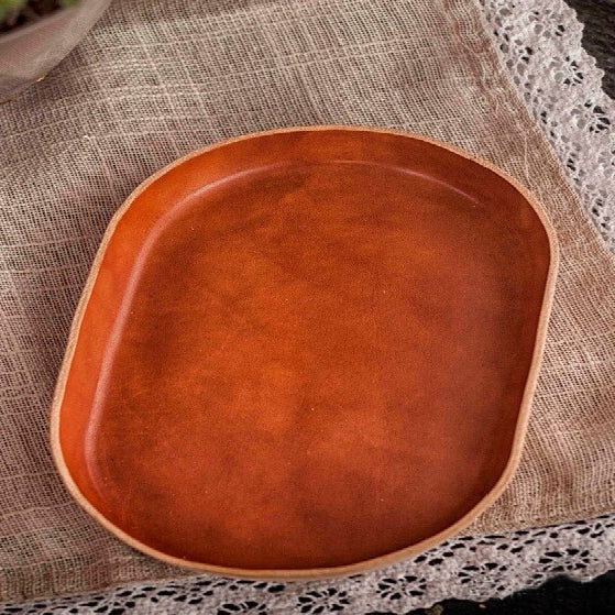 Genuine Leather Oval Tray - Full Grain Cowhide Catchall Organizer