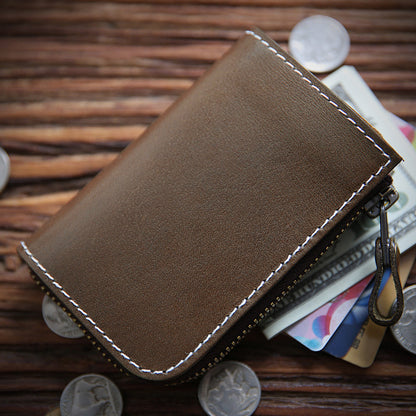 Full Grain Leather Short Wallet - Premium Cowhide Compact Purse