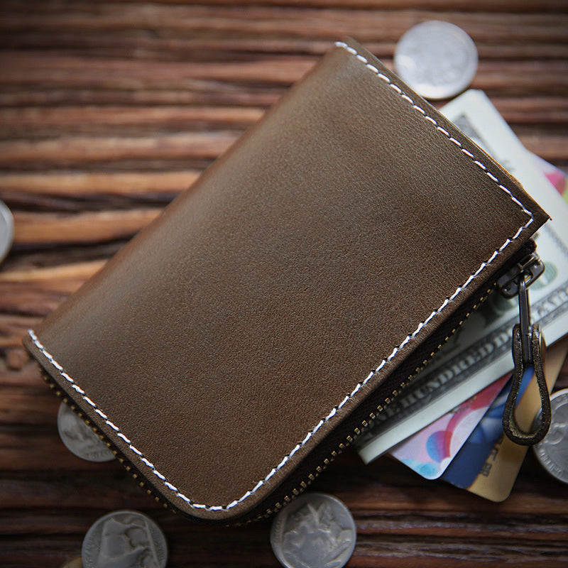 Full Grain Leather Short Wallet - Premium Cowhide Compact Purse