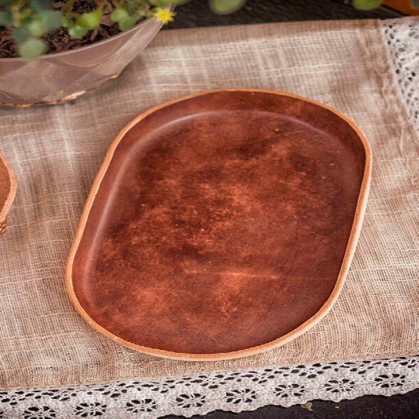 Genuine Leather Oval Tray - Full Grain Cowhide Catchall Organizer