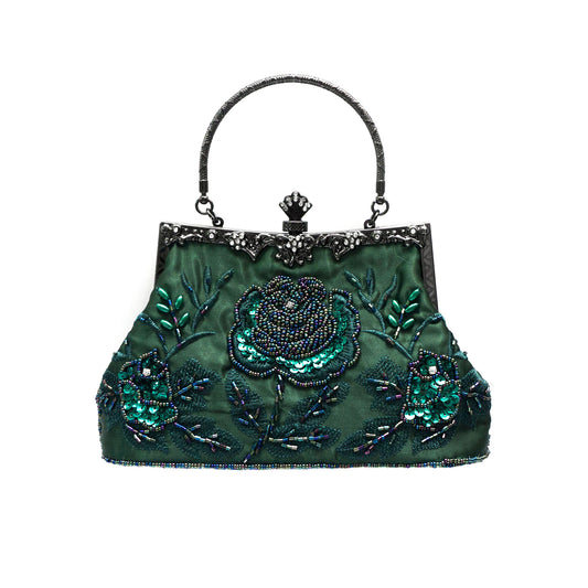 Hand-Bead Embroidered Evening Bag-Rose-Green-1