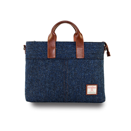 Harris Tweed Leather Handle Horizontal Briefcase-Blue-1