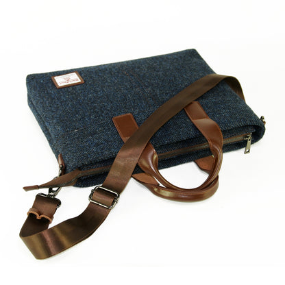 Harris Tweed Leather Handle Horizontal Briefcase-Blue-3