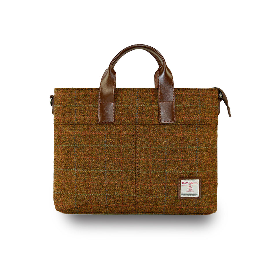 Harris Tweed Leather Handle Horizontal Briefcase-Brown-1