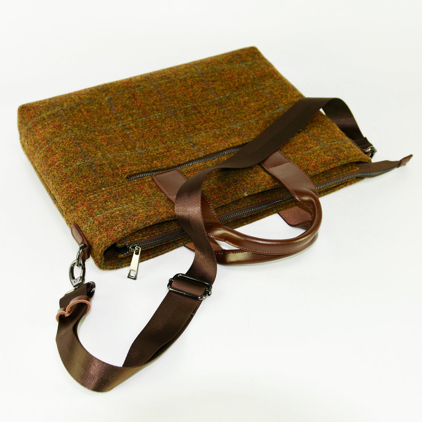 Harris Tweed Leather Handle Horizontal Briefcase-Brown-2