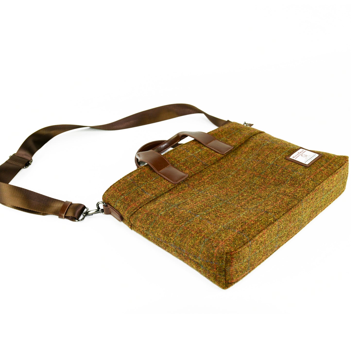 Harris Tweed Leather Handle Horizontal Briefcase-Brown-3