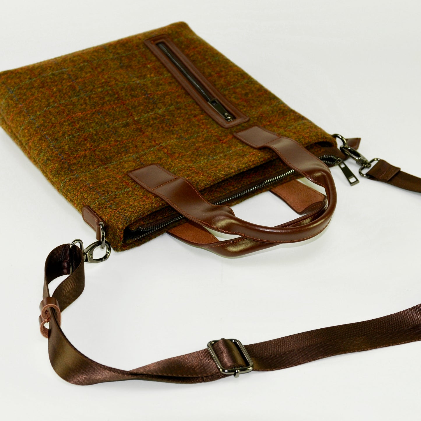 Harris Tweed Leather Handle Vertical Briefcase-Brown-3