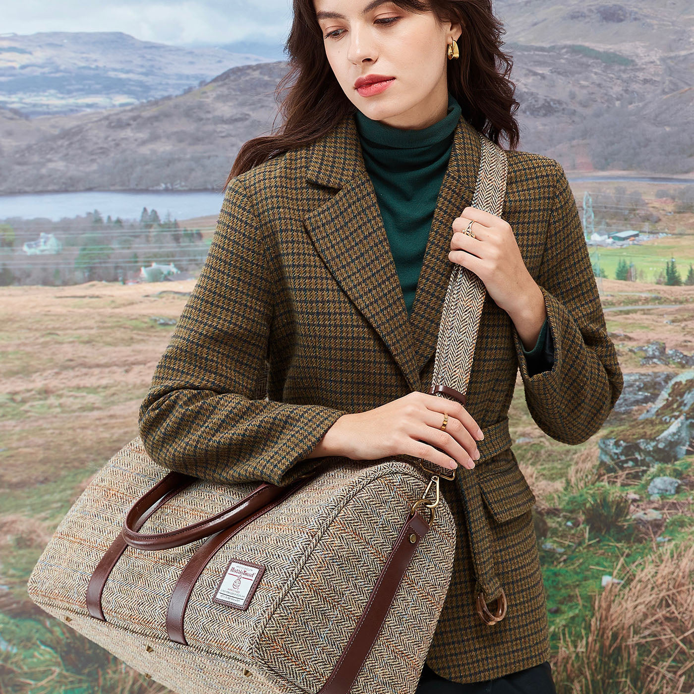 Large Harris Tweed Wool leather Travel Tote Shoulder Bag-i7bags