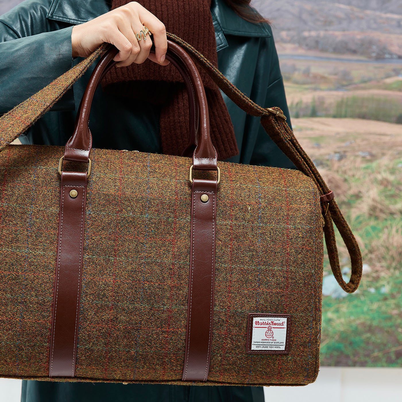 Large Harris Tweed Wool leather Travel Tote Shoulder Bag-i7bags