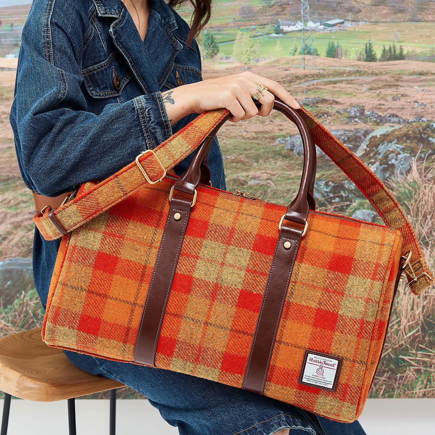 Large Harris Tweed Wool leather Travel Tote Shoulder Bag-i7bags