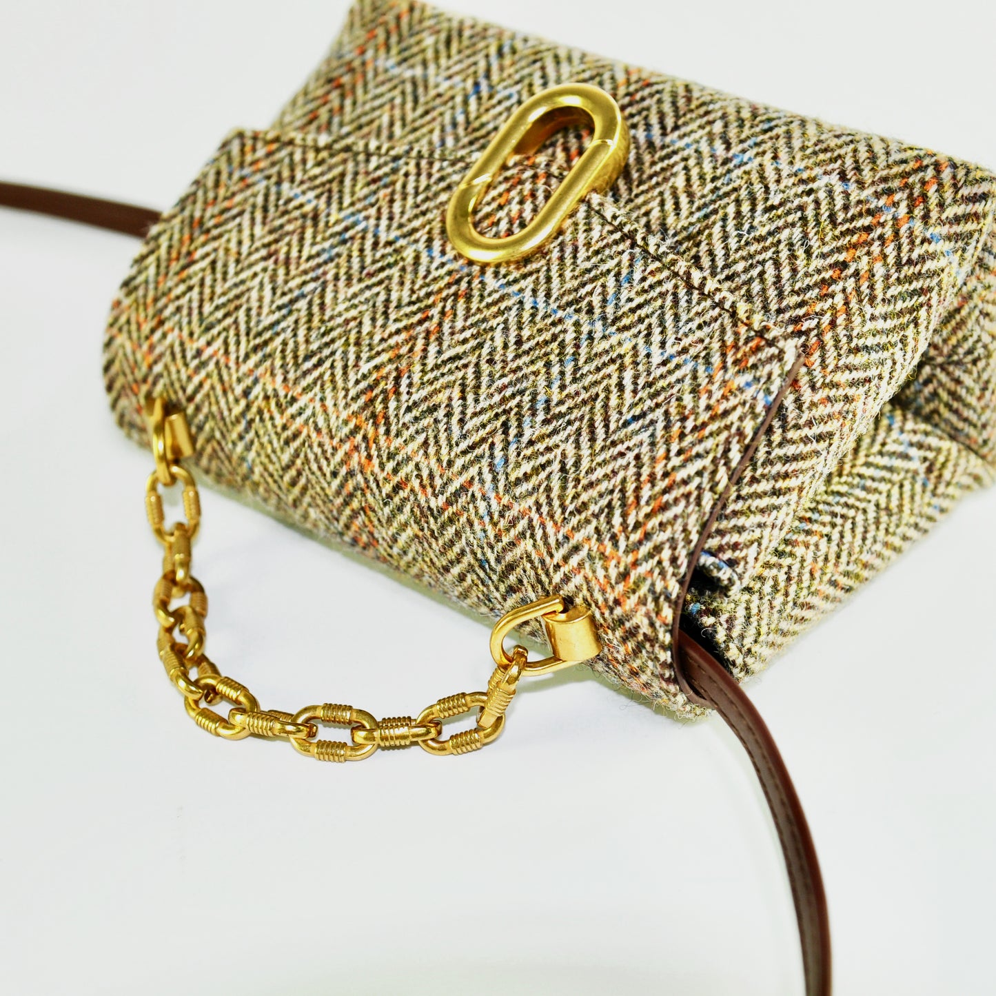 Harris Tweed wool Metal Chain handle Bag-Brown-2