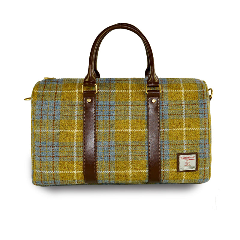 Large Harris Tweed Wool leather Travel Tote Shoulder Bag-i7bags in plaid design with leather straps.