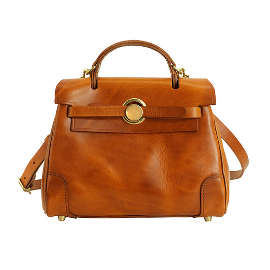 Classic Leather Bag in rich brown color with top handle and adjustable strap, showcasing high-quality Italian leather.