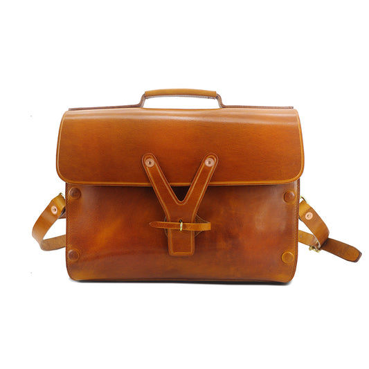 Handmade Italian Leather Laptop Bag Men 15in Convertible Briefcase in a rich brown color with unique buckle design.