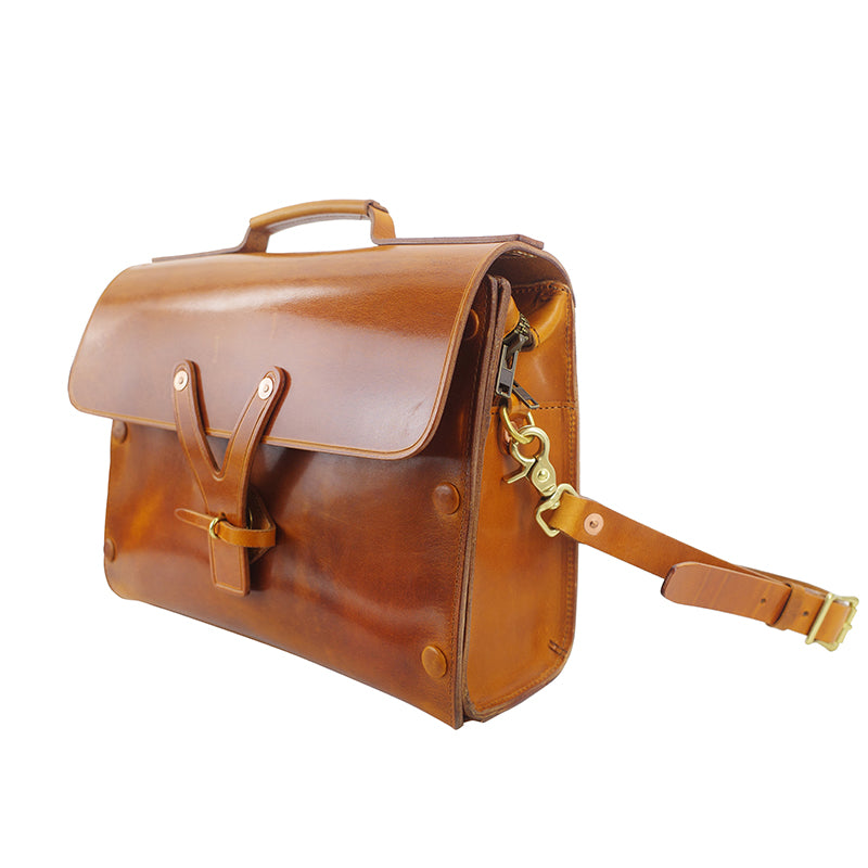 Handmade Italian Leather Laptop Bag Men 15in Convertible Briefcase with a shoulder strap and top handle.