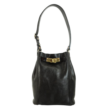 Italian Leather Bucket Bag Women with gold buckle closure and adjustable shoulder strap.