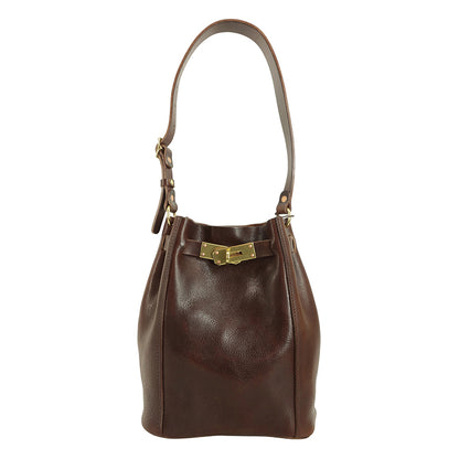 Classic Italian Leather Bucket Bag Women in brown with shoulder strap and gold clasp
