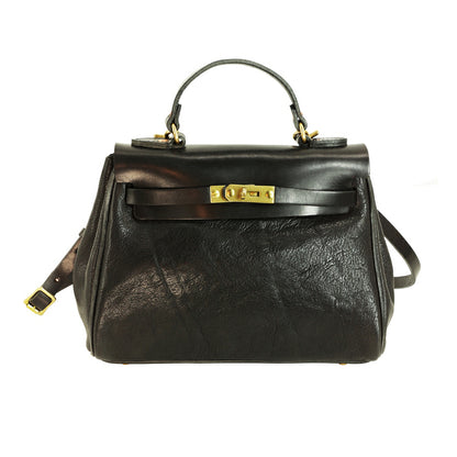 Handmade Italian Leather Tote Bag Women in black, 11.8in artisan crossbody handbag with stylish buckle.
