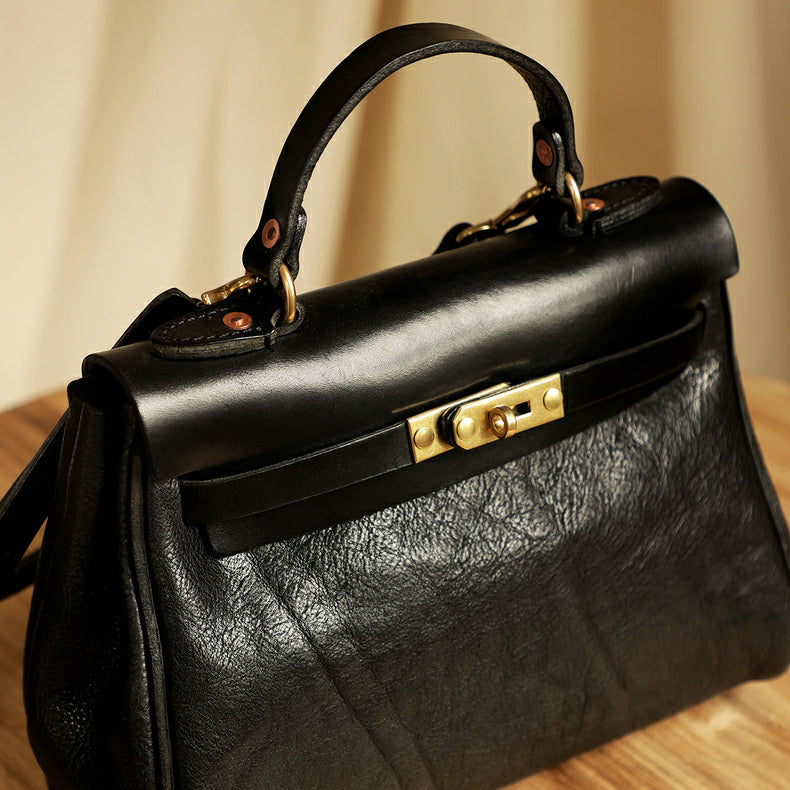 Handmade Italian Leather Tote Bag Women, 11.8in artisan crossbody handbag with a classic design.