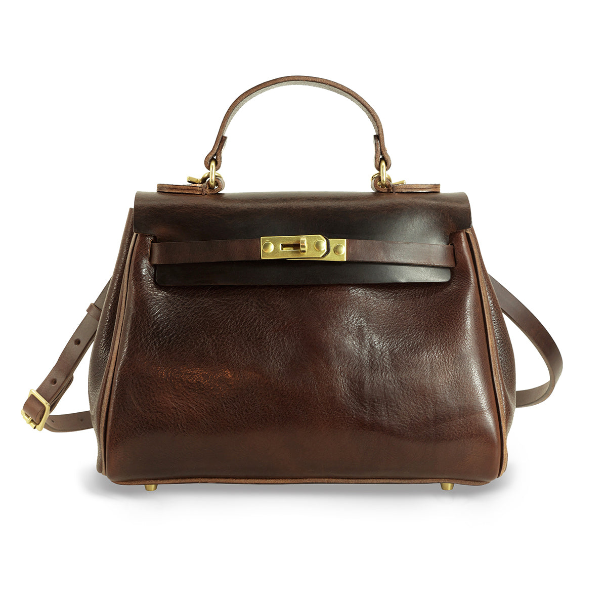 Handmade Italian Leather Tote Bag Women in brown with shoulder strap and top handle.