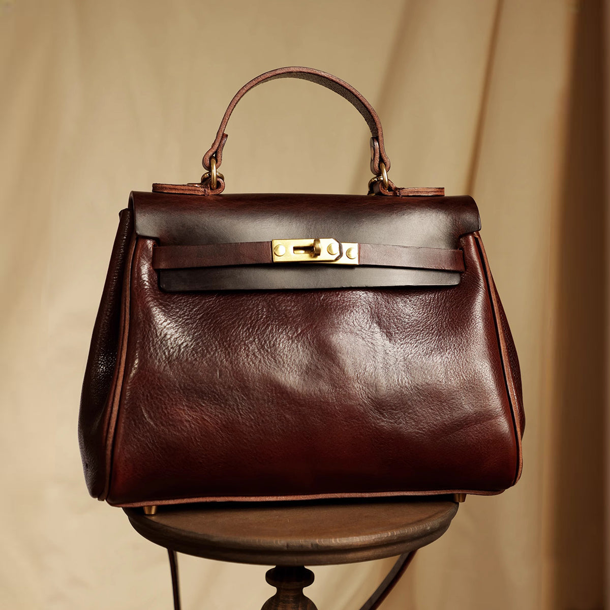 Handmade Italian Leather Tote Bag Women in deep brown color, featuring a stylish clasp and a classic design.