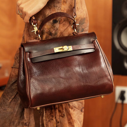 Handmade Italian Leather Tote Bag Women 11.8in Artisan Crossbody Handbag in rich brown with gold hardware.