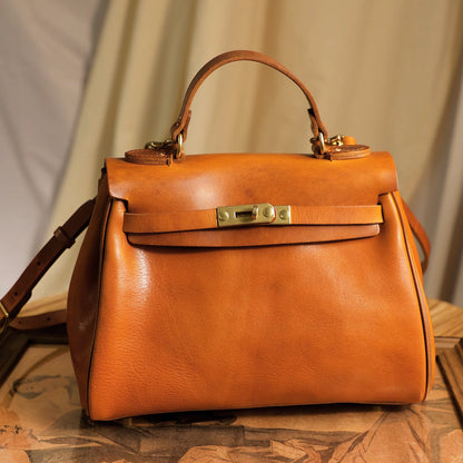 Handmade Italian Leather Tote Bag Women 11.8in artisan crossbody handbag in rich tan color.