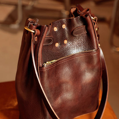 Women's Kelly Style Bucket Bag,Italian Tuscan Vegetable Tanned Cowhide Bag,Shoulder Kelly Bag,12.4in Height-i7bags