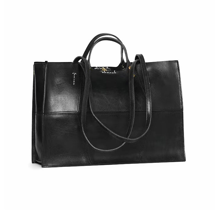 Italian Leather Tote Bag, Large Capacity Leather Shoulder Bag For Women, Vegetable Tanned Leather Handmade Bag-i7bags Black
