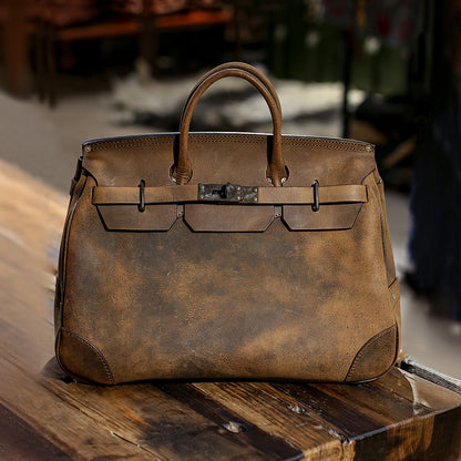 Large Crazy Horse Genuine Leather Men's Bag, New Bag, Distressed Effect Birkin Style Travel Bag, 18.9in Length-i7bags