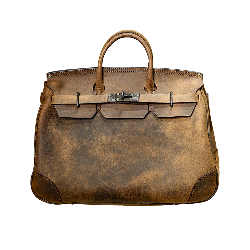 Large Crazy Horse Genuine Leather Men's Bag, New Bag, Distressed Effect Birkin Style Travel Bag, 18.9in Length-i7bags