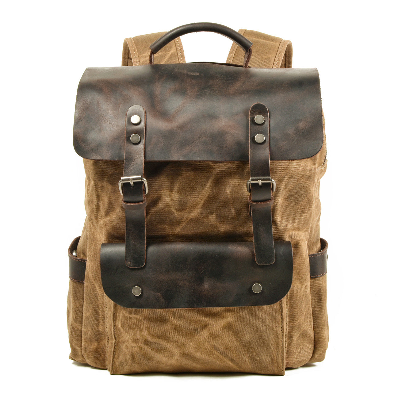Large Waxed Canvas Backpack,Canvas Leather Rucksack-i7bags Khaki