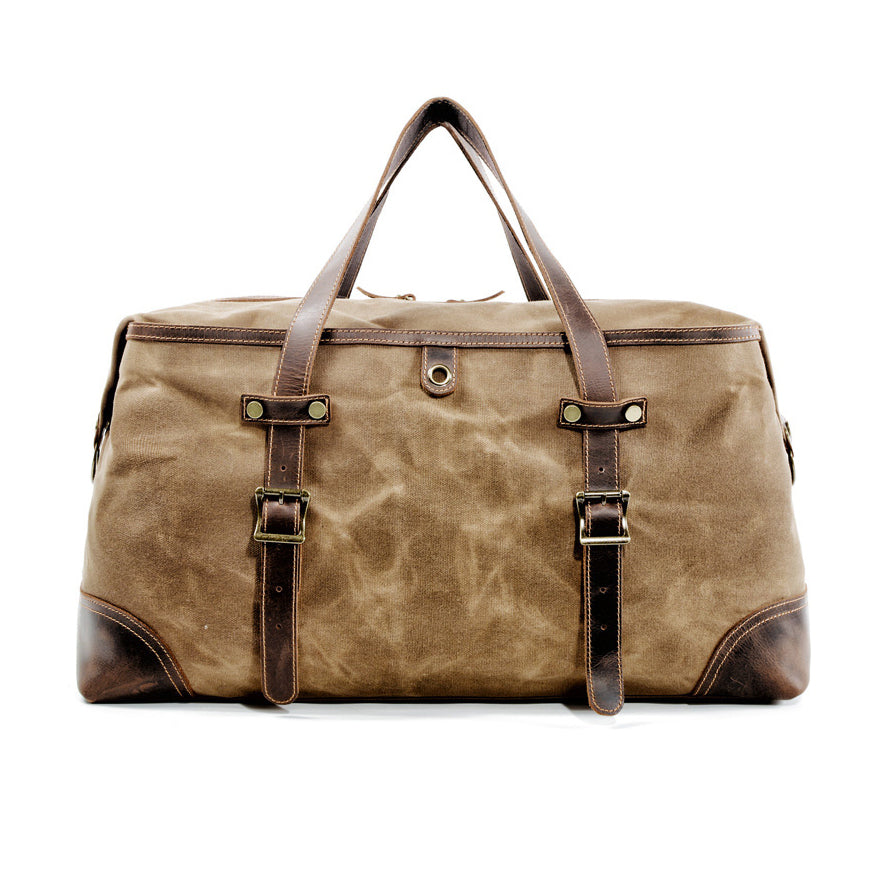 Large Waxed Canvas Travel Bag For Men,Genuine Leather Canvas Duffel Bag,Gym Bag-i7bags Khaki