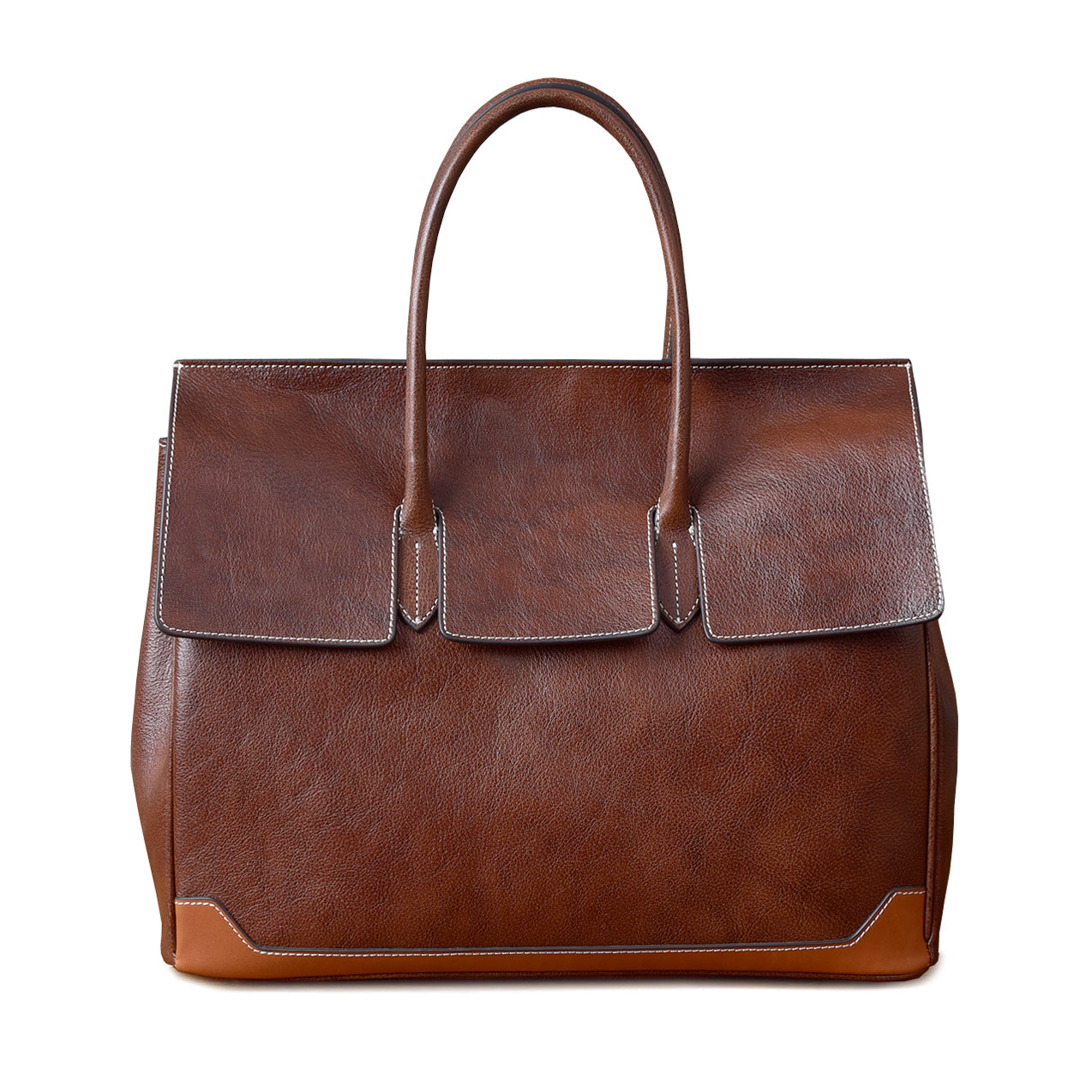 Brown leather work bag with dual handles and flap closure, ideal for professional use and stylish storage.