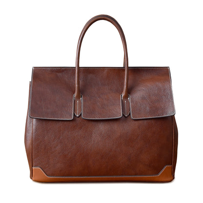 Brown leather work bag with dual handles and flap closure, ideal for professional use and stylish storage.
