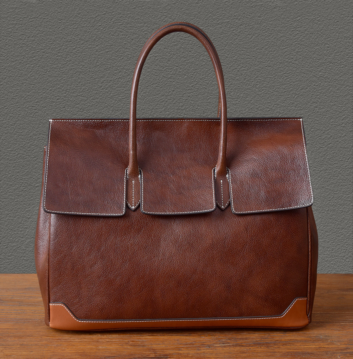 Top-grain leather large business tote bag in brown, handcrafted, dimensions 15.7x12.6x6.3 inches.