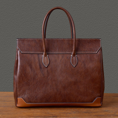 Top-grain leather large business tote bag in brown, measuring 15.7x12.6x6.3 inches, perfect for laptops.