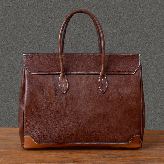 Top-grain leather large business tote bag in brown, measuring 15.7x12.6x6.3 inches, perfect for laptops.
