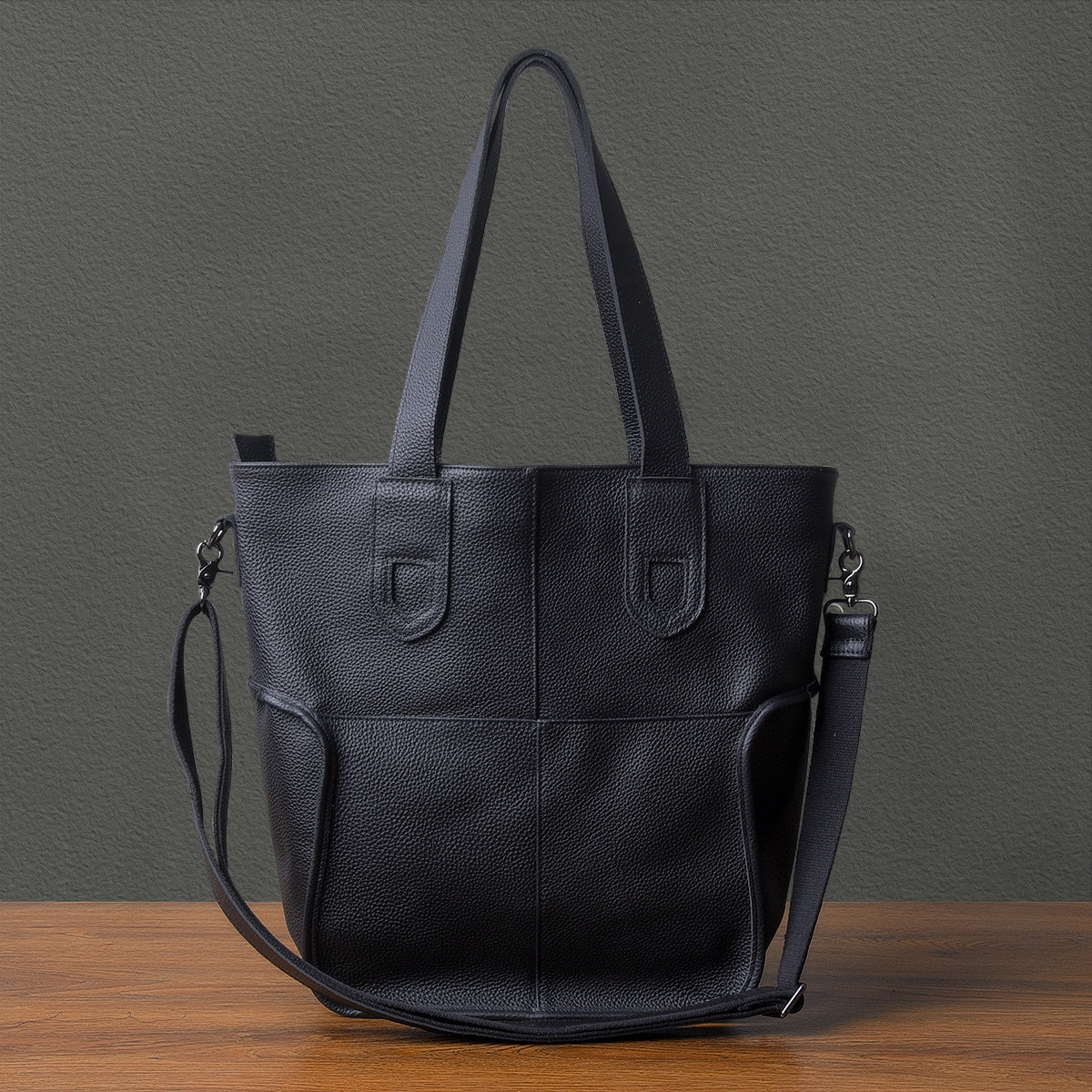 Large Capacity Top-Grain Cowhide Tote Bag, Genuine Leather Shoulder Bag, Length 17.7 In