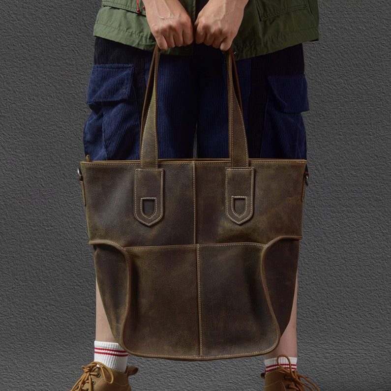 Large Capacity Top-Grain Cowhide Tote Bag, Genuine Leather Shoulder Bag, Length 17.7 In
