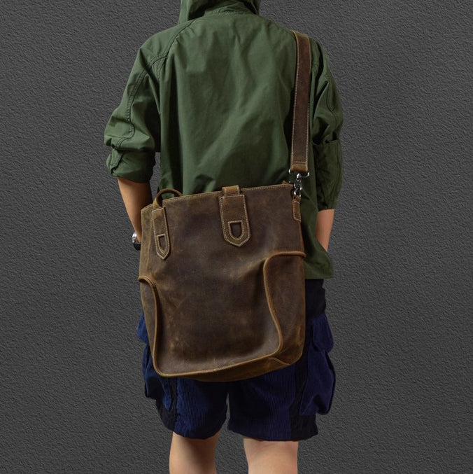 Large Capacity Top-Grain Cowhide Tote Bag, Genuine Leather Shoulder Bag, Length 17.7 In