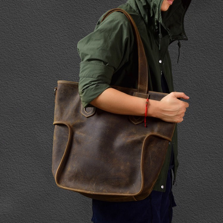 Large Capacity Top-Grain Cowhide Tote Bag, Genuine Leather Shoulder Bag, Length 17.7 In.