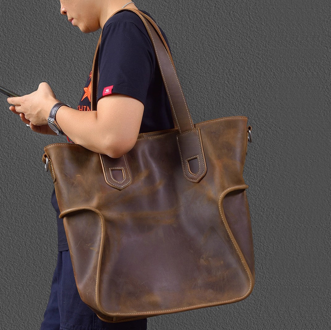 Large Capacity Top-Grain Cowhide Tote Bag, Genuine Leather Shoulder Bag, Length 17.7 In