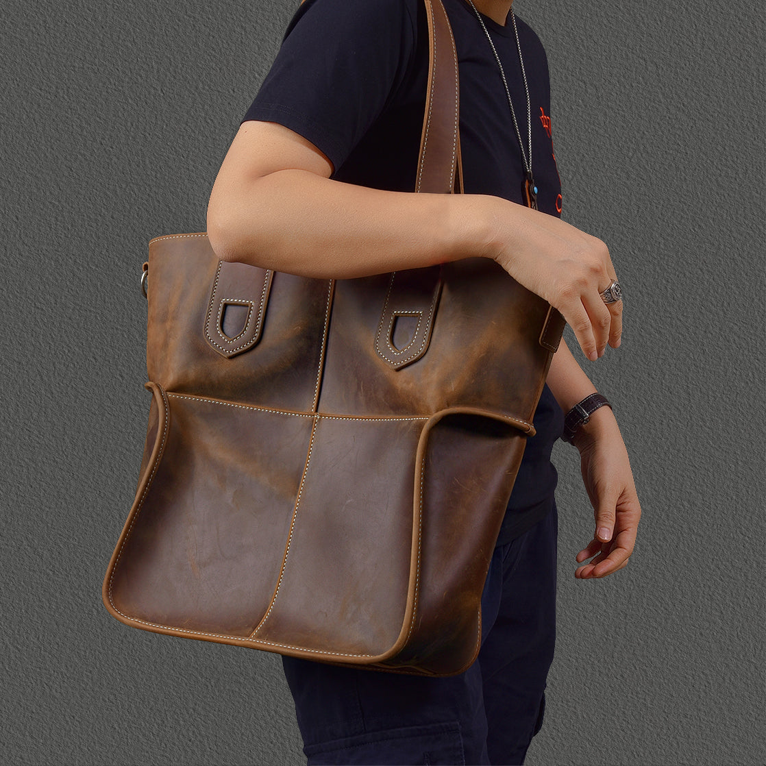 Large Capacity Top-Grain Cowhide Tote Bag, Genuine Leather Shoulder Bag, Length 17.7 In