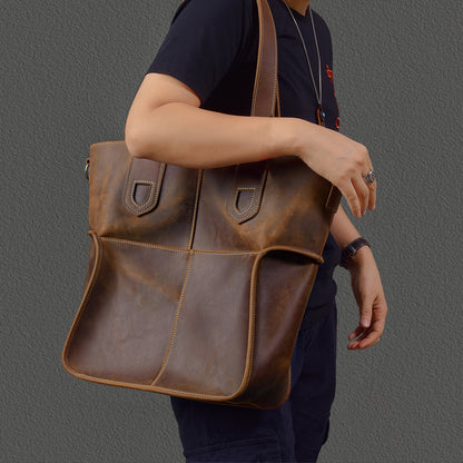 Large Capacity Top-Grain Cowhide Tote Bag, Genuine Leather Shoulder Bag, Length 17.7 In