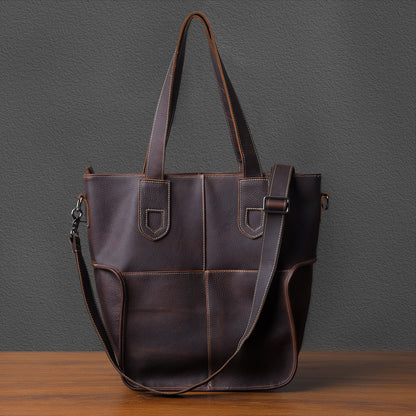 Large Capacity Top-Grain Cowhide Tote Bag, Genuine Leather Shoulder Bag, Length 17.7 In