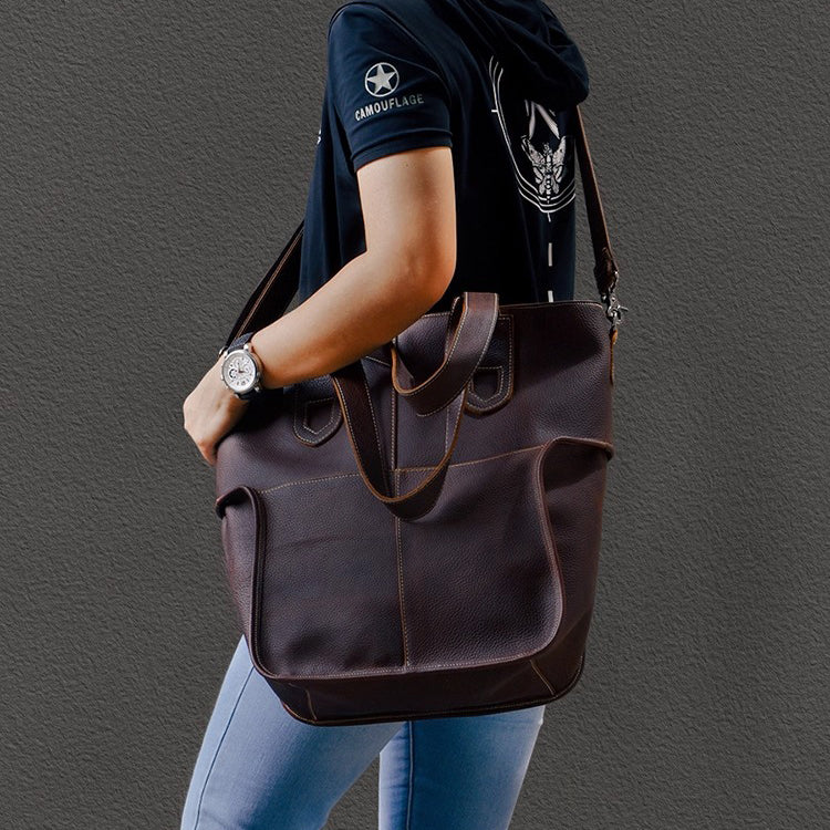 Large Capacity Top-Grain Cowhide Tote Bag, Genuine Leather Shoulder Bag, Length 17.7 In
