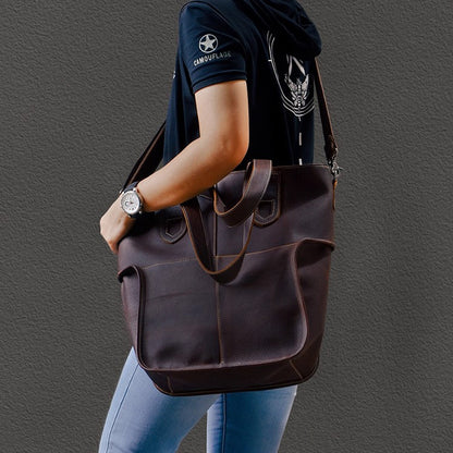 Large Capacity Top-Grain Cowhide Tote Bag, Genuine Leather Shoulder Bag, Length 17.7 In