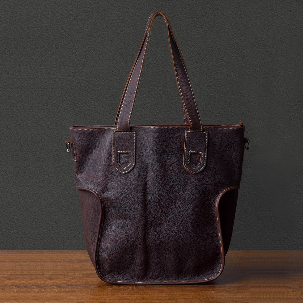 Large Capacity Top-Grain Cowhide Tote Bag, Genuine Leather Shoulder Bag, Length 17.7 In