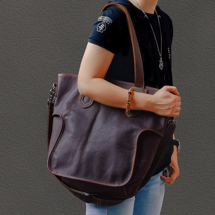 Large Capacity Top-Grain Cowhide Tote Bag, Genuine Leather Shoulder Bag, Length 17.7 In